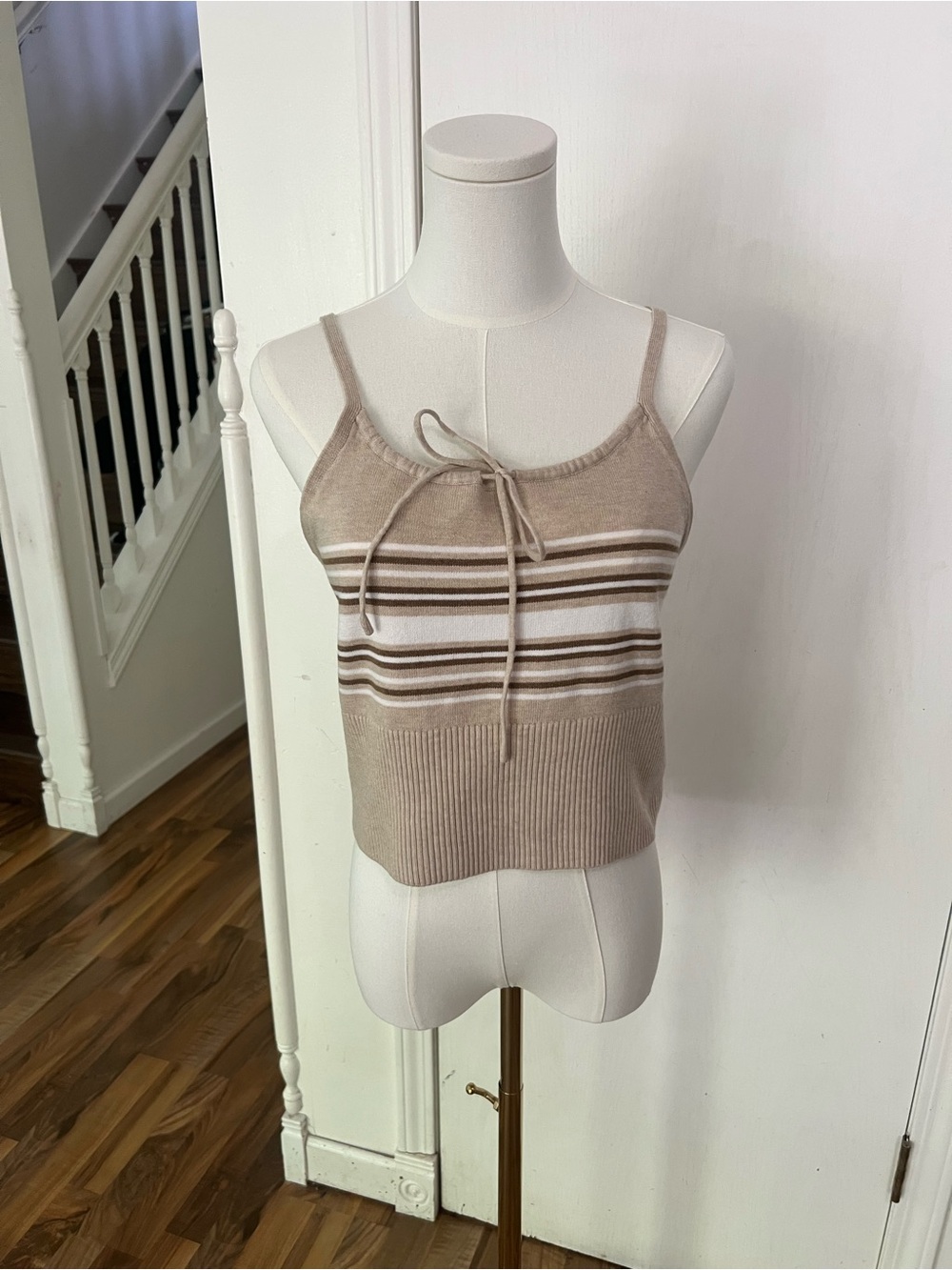 Y2K / 90s / preppy striped knit sweater tank top, brown tan & ivory, XL tank top